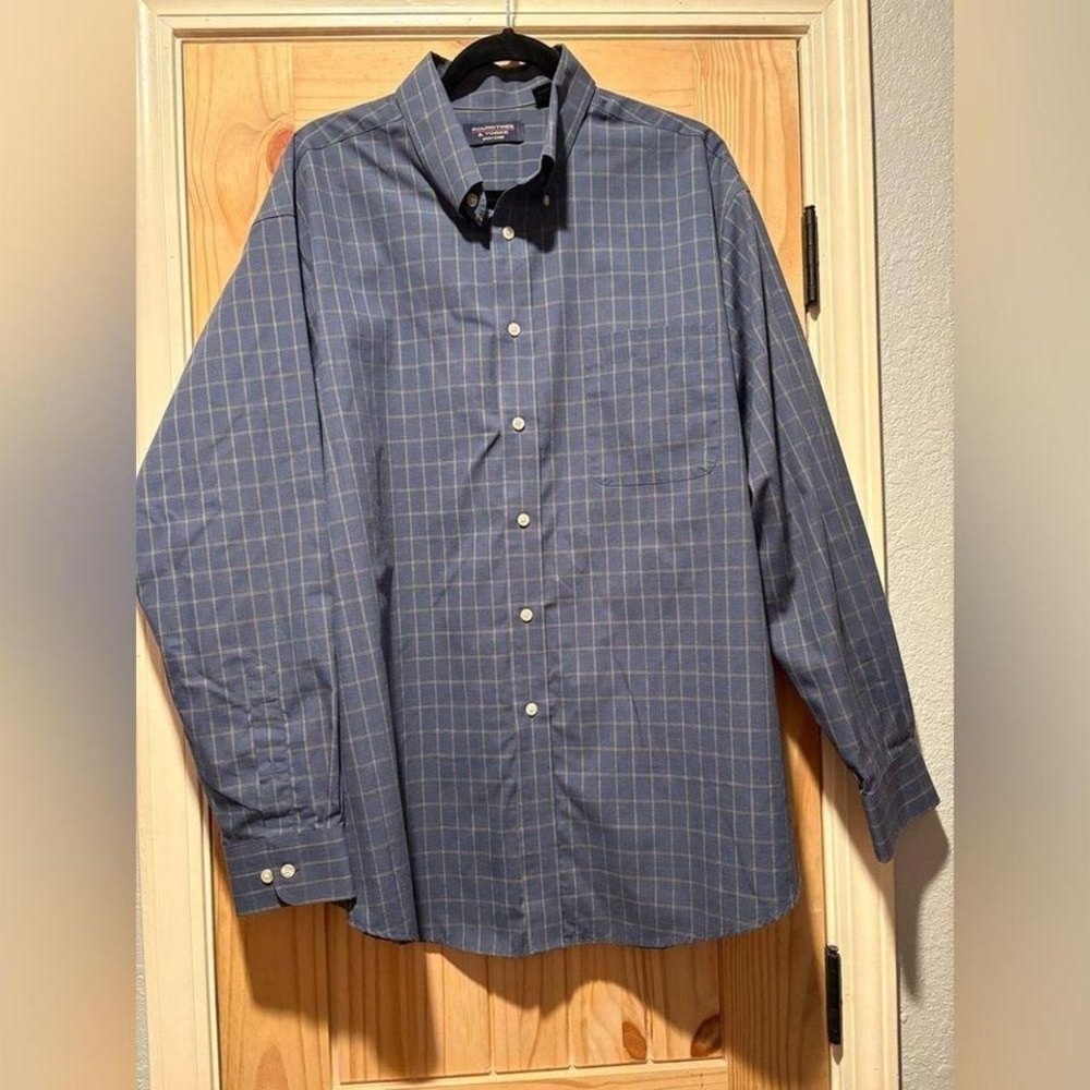 Roundtree & Yorke Mens XL Blue Yellow Check Button Down‎ Shirt Easy Care